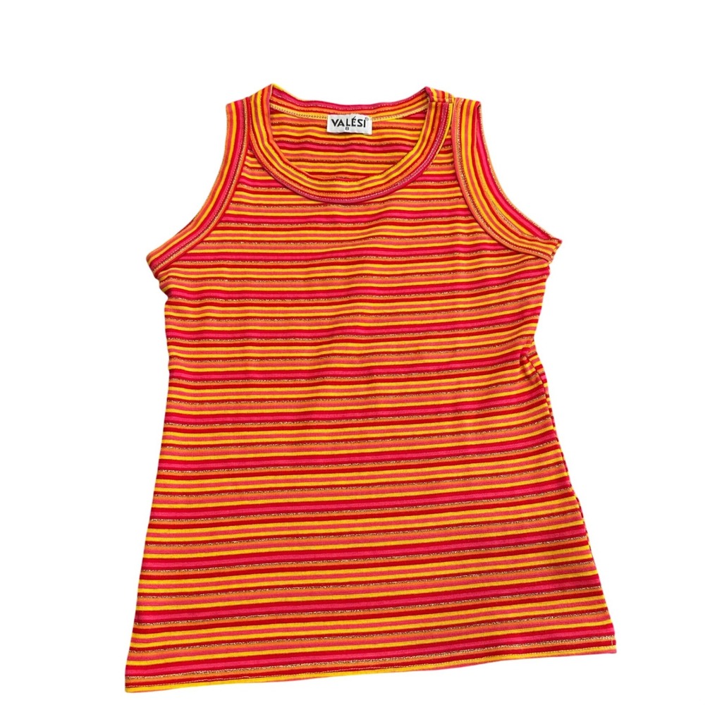 Valesi Womens Striped Knit Tank Top Red Orange Yellow Gold Metallic Sparkle S